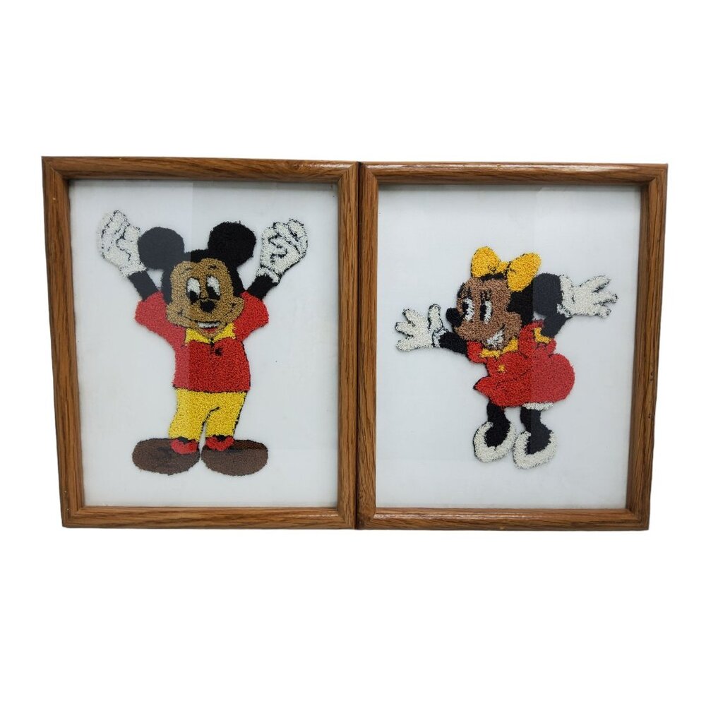vintage 1987 hand crafted mickey and minnie mouse framed pictures